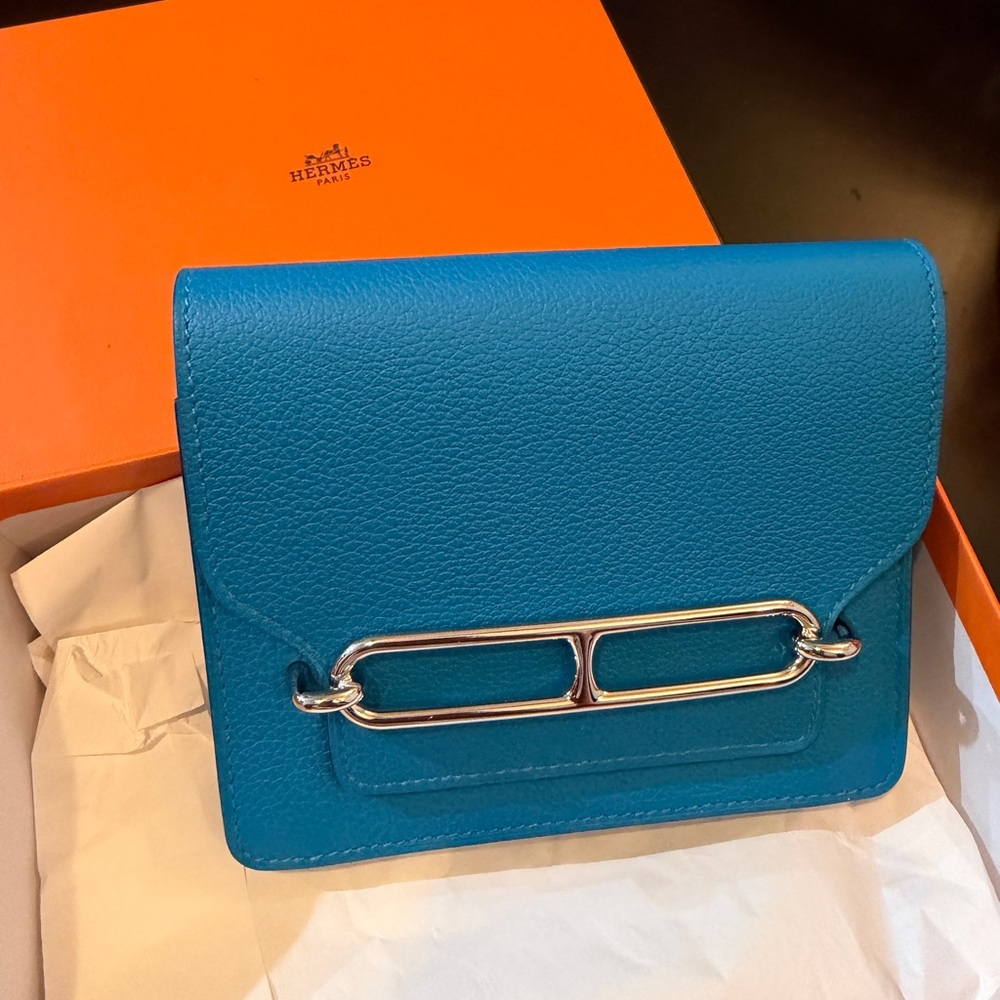 Hermes Blue Leather Roulis Compact Wallet with Silver Hardware